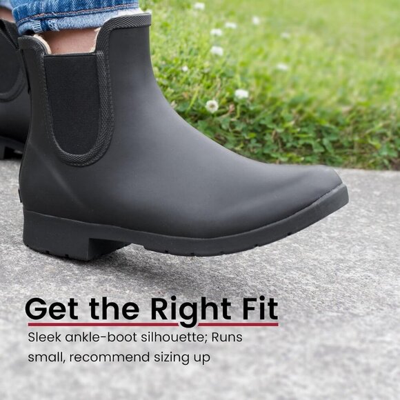 Women’s Waterproof Plush Lined Slip On Rain Ankle Slim Chelsea Black Boots - Picture 5 of 8